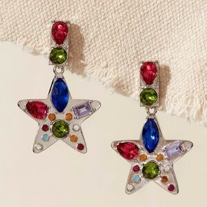 Free People Nancy Ann Earrings Silver Toned and Jeweled Stars NWT $48